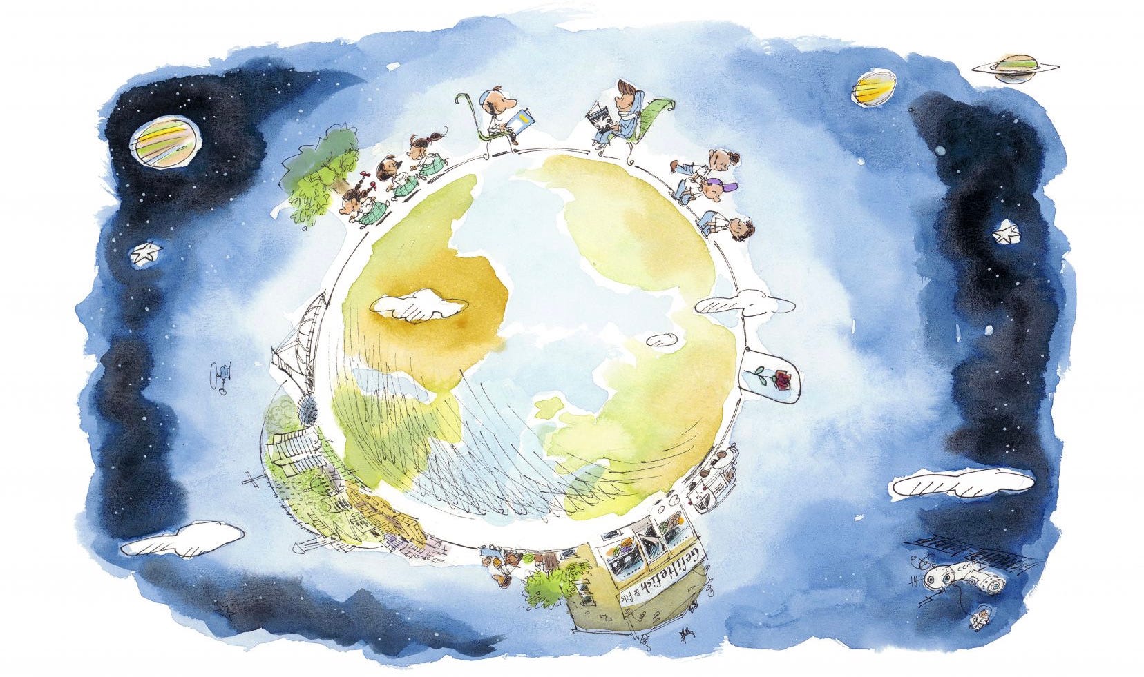 Le dessin montre une planète avec le Mont-Royal, des bâtiments et des personnes beaucoup trop grandes par rapport à la planète.