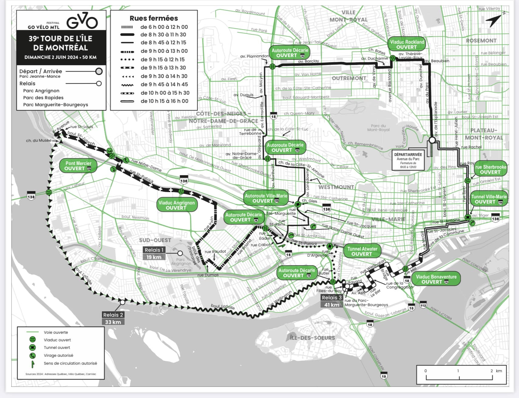 Une carte détaillée des rues qui seront fermées lors du 39e Tour de l'île de Montréal, dimanche le 2 juin 2024.