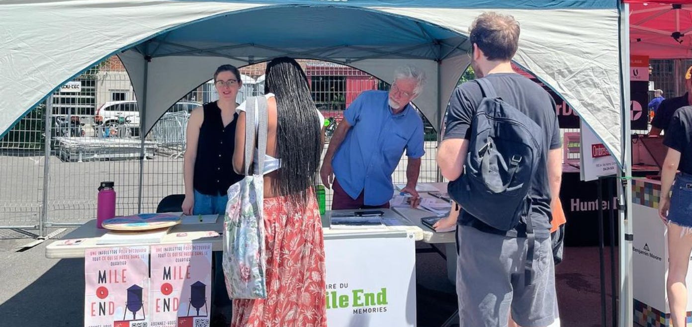 Le kiosque de Mon Mile End et Mémoire du Mile End lors de l'événement Mile End en fête 2024.