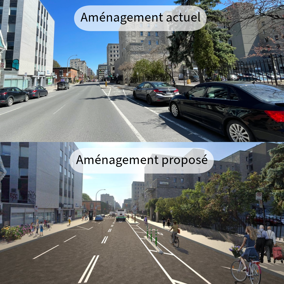 Deux images comparent l'aménagement actuel à l'aménagement proposé.