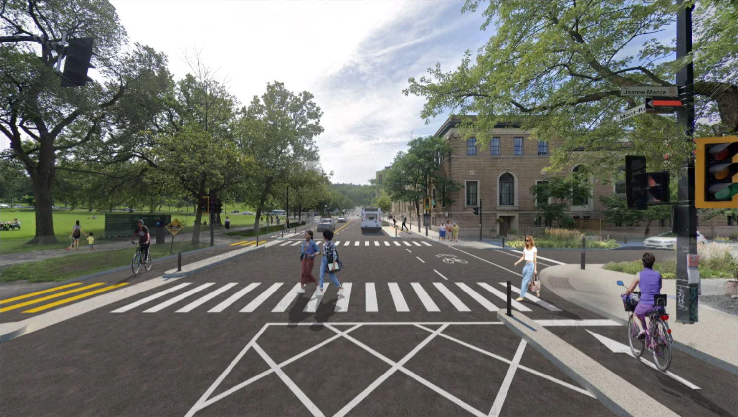 Le rendu par ordinateur montre l'intersection Mont-Royal/Jeanne-Mance, avec des voies cyclables protégées de chaque côté.