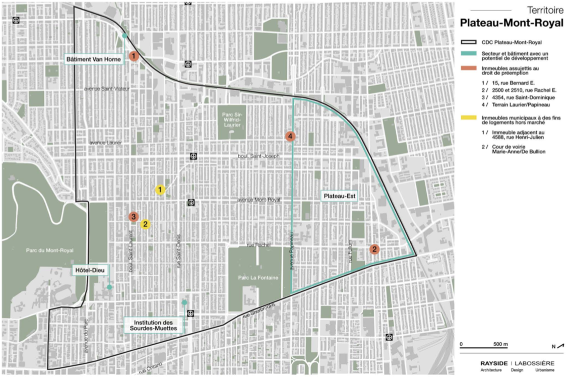 La carte du Plateau-Mont-Royal avec quelques points identifiant les sites d'intérêt.