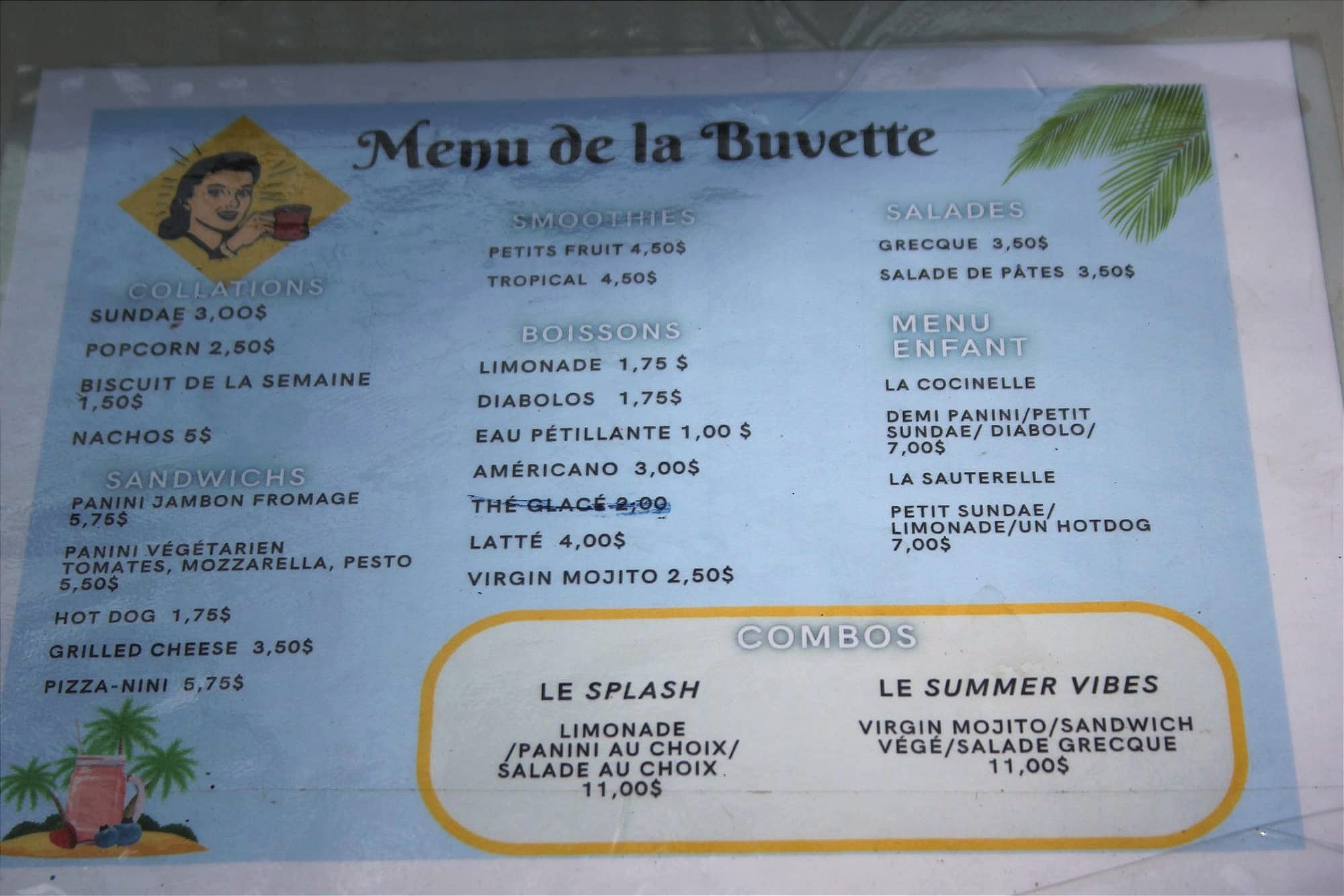 Photo du menu de la Buvette Baldwin, tel qu'affiché sur la table de service, le 14 juillet. 