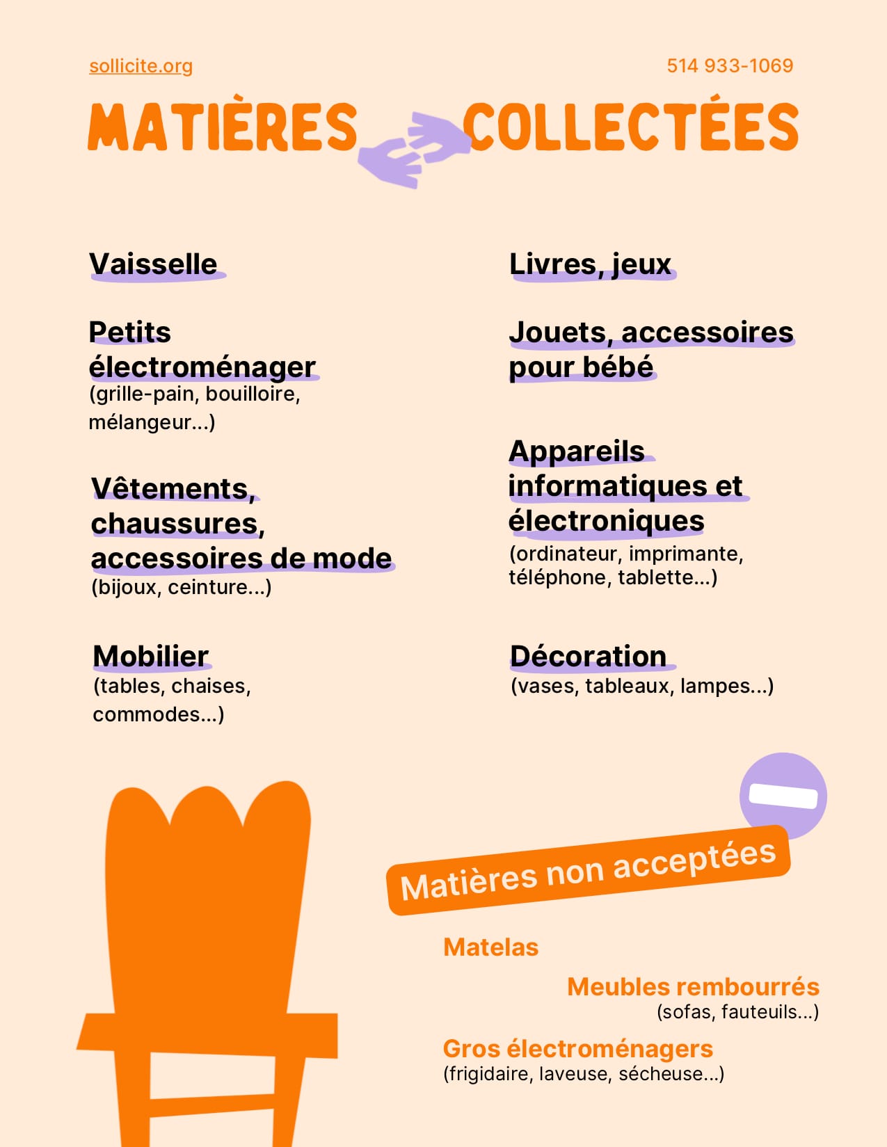 Une page tirée du site de Sollicité énumérant les types d'objets acceptés et refusés. 