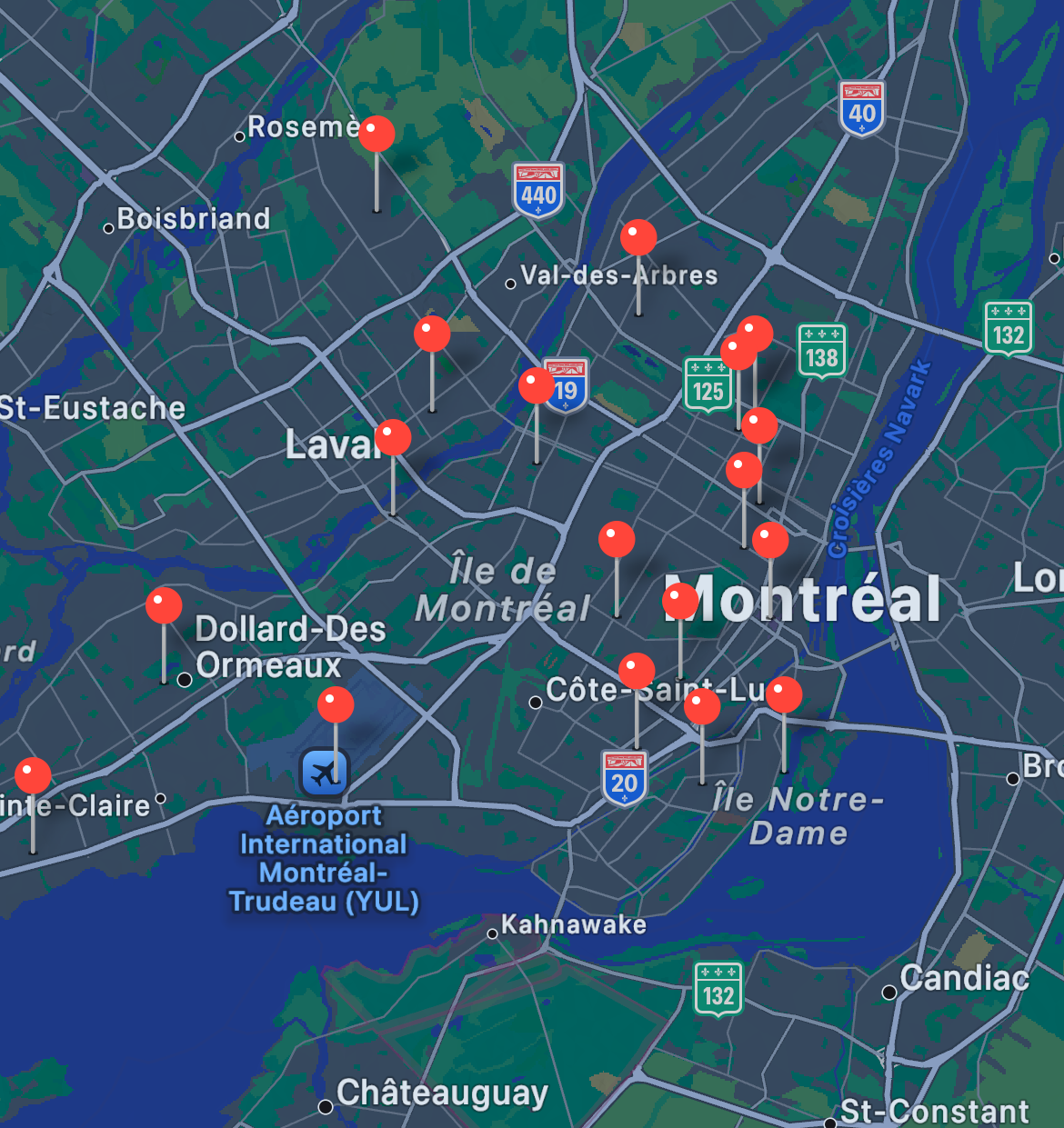 Carte de Montréal avec des points identifiant les emplacements des groupes BuyNothing.