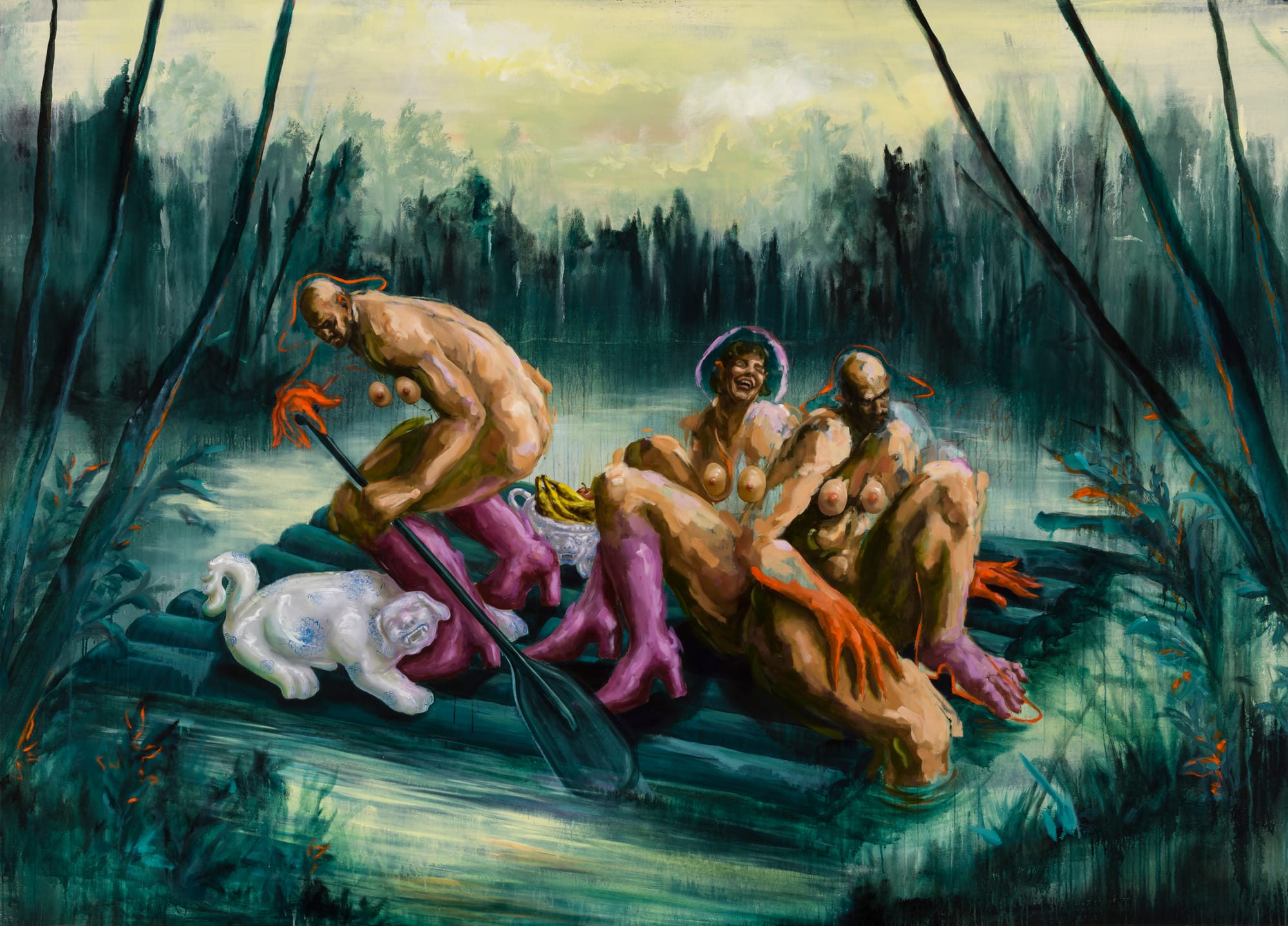 Tableau de personnes nues, mais avec des bottes roses, entourées d'une variété de tons de verts.