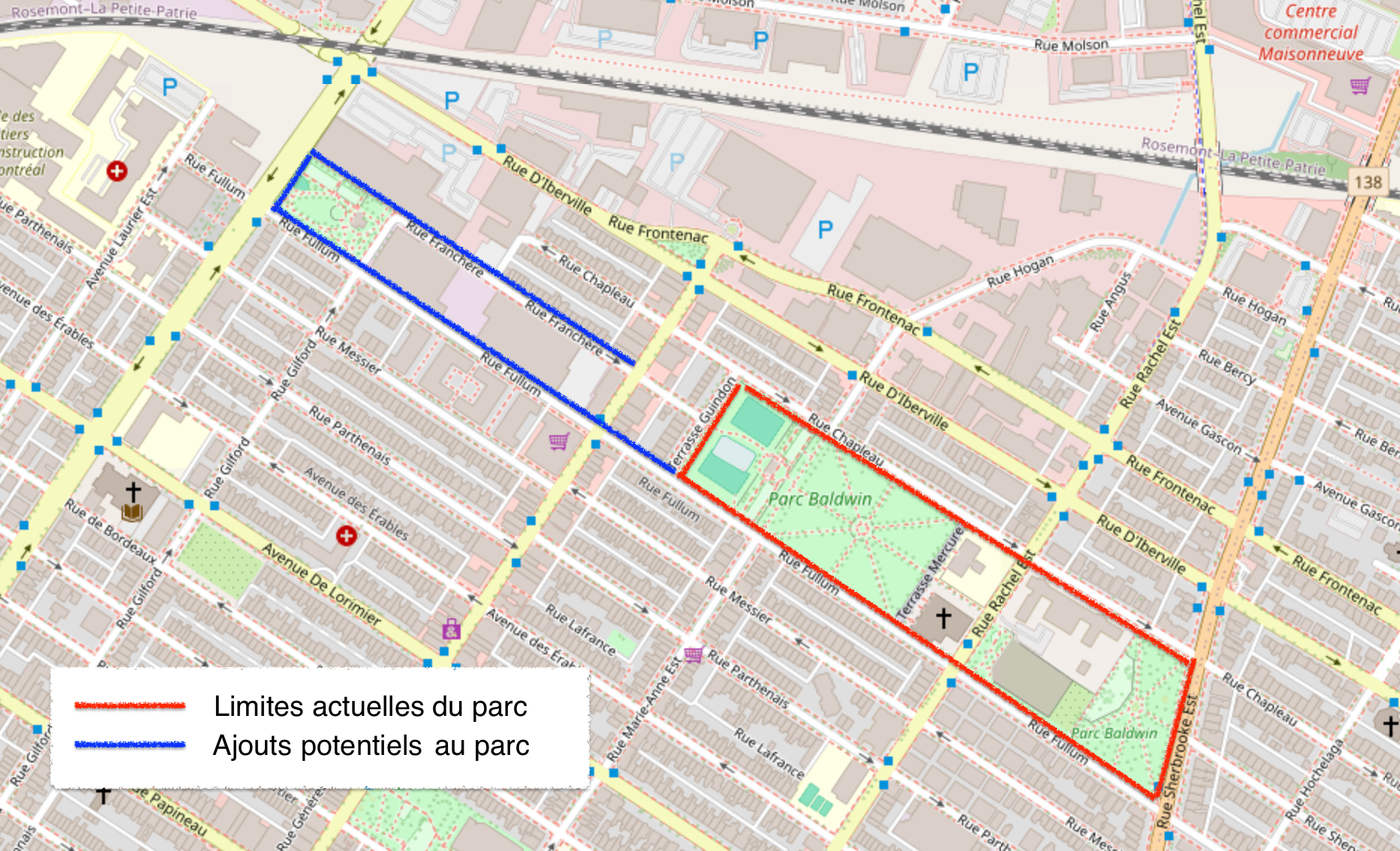 Carte du parc Baldwin, identifiant la zone qui y serait potentiellement ajoutée entre l'avenue du Mont-Royal, le boulevard Saint-Joseph ainsi que les rues Fullum et Franchère. 
