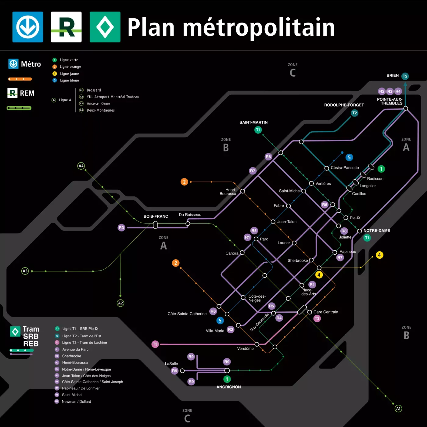 Plan du réseau de transport en commun, incluant le REB.