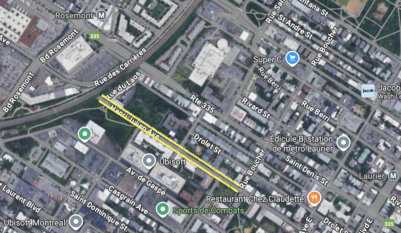 Une carte de l'est du Mile End avec des traits jaunes sur l'avenue Henri-Julien, entre les rues du Laos et Boucher.