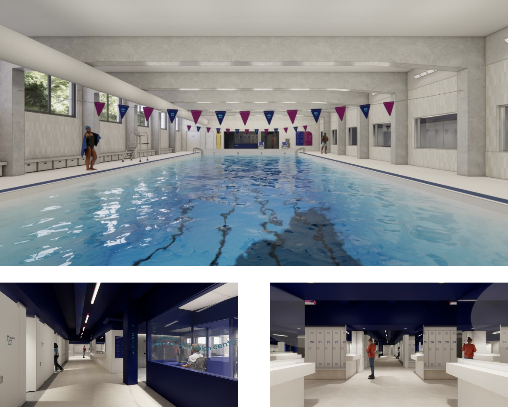 Rendus du projet de réfection où l'on voit le nouveau bassin de piscine et les vestiaires.