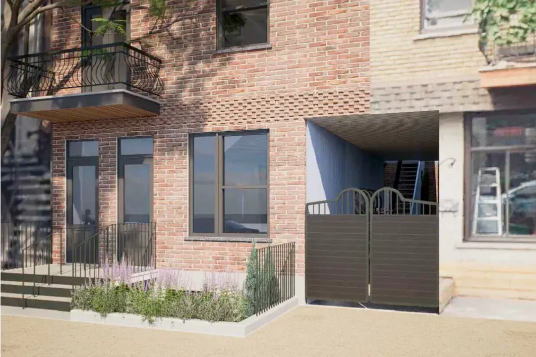 Image générée numériquement de la façade proposée, avec deux portes d'entrée. 