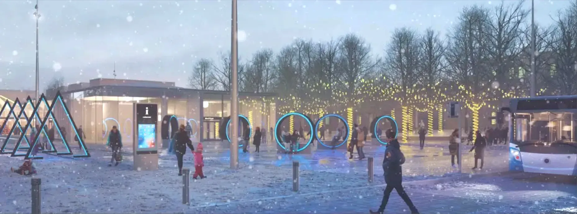 Image hivernale illustrant l'édicule du métro Mont-Royal entouré de plusieurs structures lumineuses. 