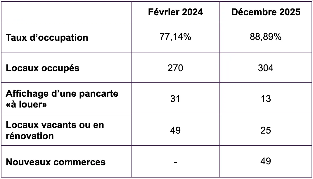 Tableau de données sur les commerces de la rue Saint-Denis, secteur Plateau.