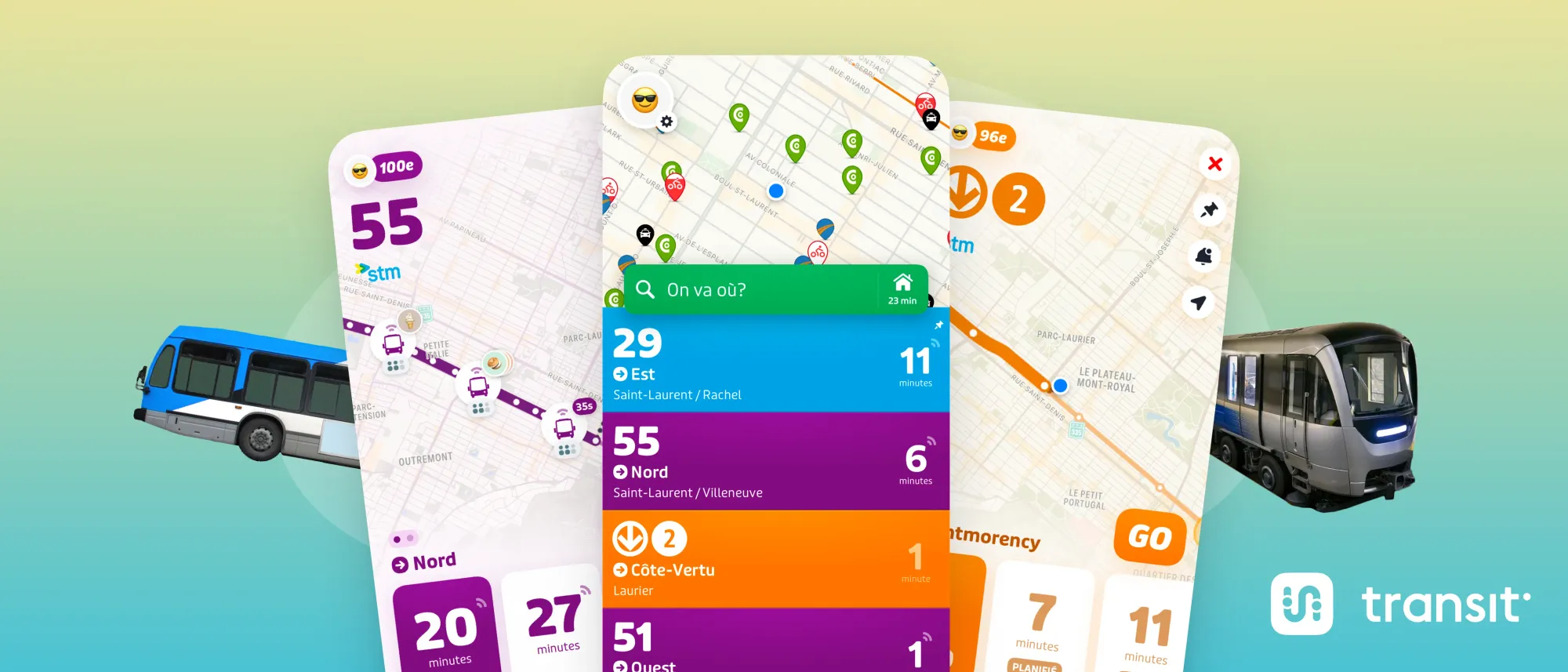 Des captures d'écran de l'application Transit.