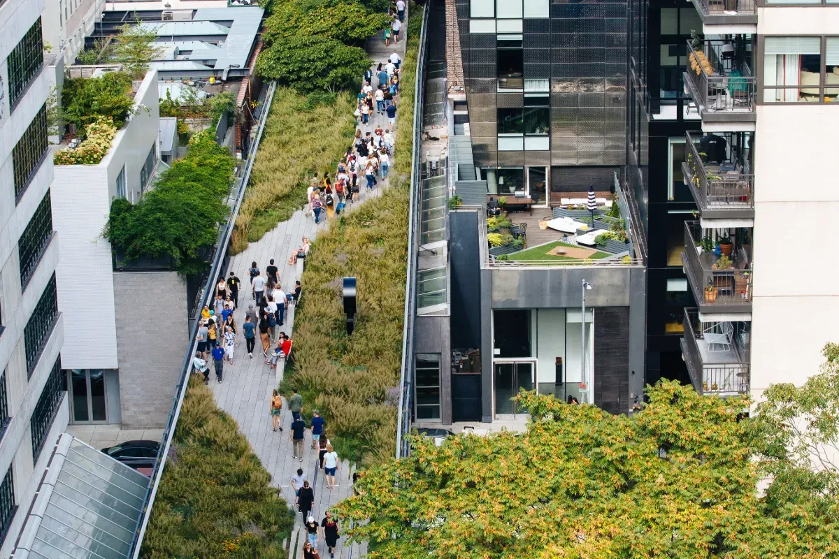 Le parc linéaire en altitude passe entre des édifices de plusieurs étages.