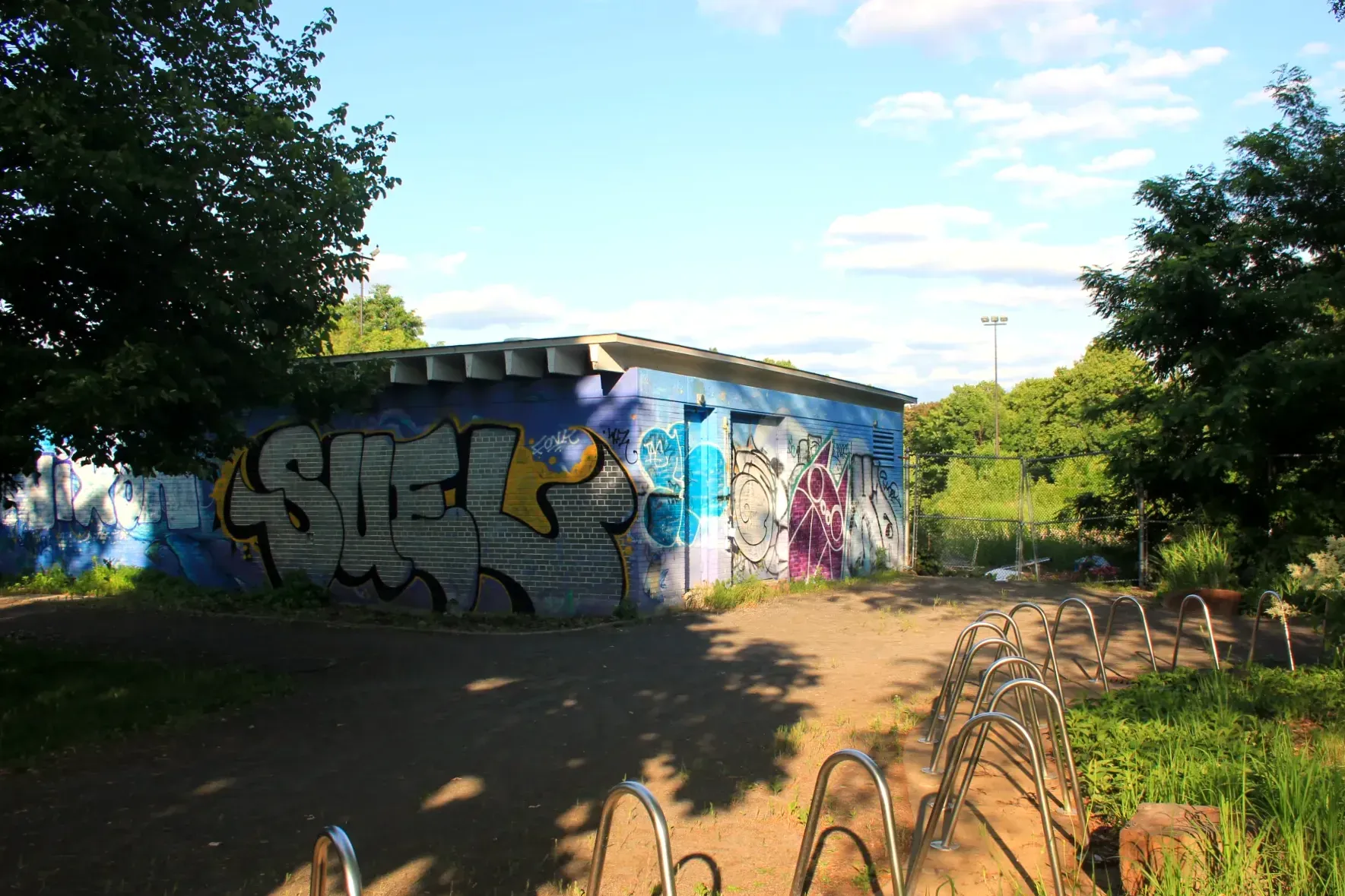 Le bâtiment est recouvert de graffitis et la clôture ne semble qu'entourer de la végétation sauvage. 
