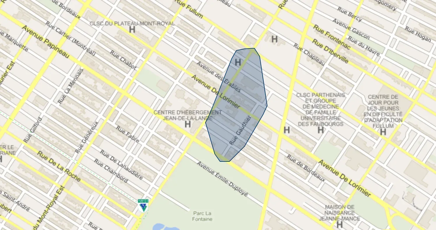 Une zone bleue est ajoutée à une carte de l'est du Plateau: elle couvre l'intersection Papineau/Gauthier à l'intersection Fullum/Rachel.