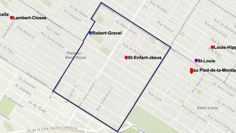 Le territoire de l'école Saint-Enfant-Jésus est délimité à l'ouest par la rue Hutchison, à l'est par la rue Drolet, au nord par l'av. Fairmount et la rue Boucher&nbsp;et au sud par l'av. du Mont-Royal.