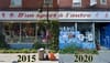 À gauche, une photo de la boutique ouverte en 2015 et à droite la boutique couverte de graffiti en 2020.