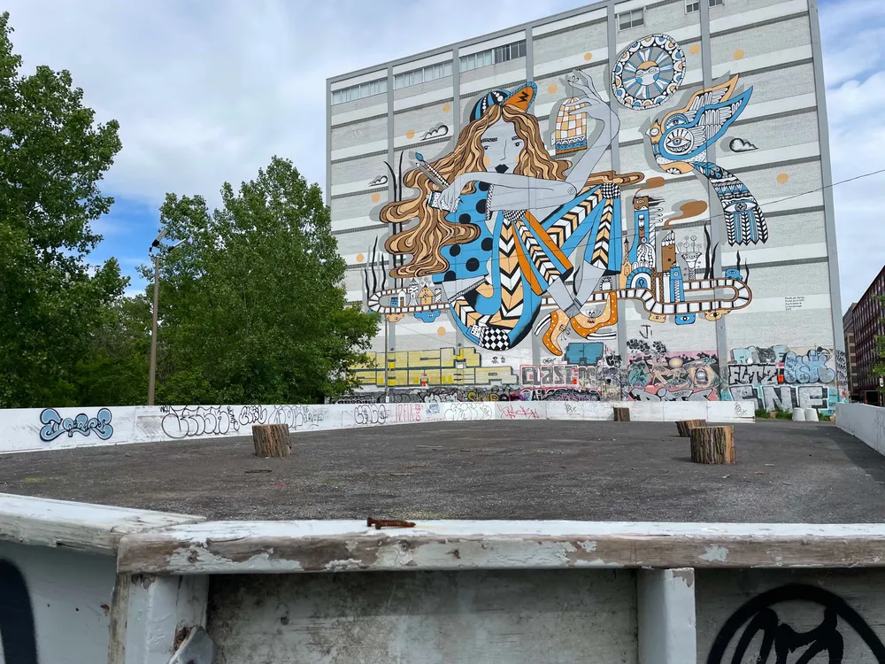 On voit les murets de la patinoire situés devant une énorme murale colorée.