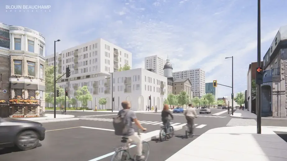 Cette image générée par ordinateur présente les futurs bâtiments vus à partir de l'intersection Saint-Denis et Roy. On voit deux grandes tours près de la rue Cherrier.